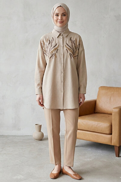 FERHEL Linen Fabric Buttoned Front Shirt Tunic with Sequin Detail on the Fron...