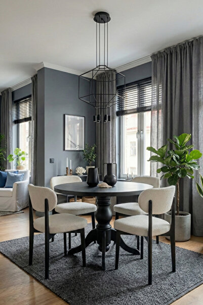 Woodenbend Merlon Siyah Mat Lake 100 cm Yuvarlak 4 Kişilik Ahşap Yemek Masası...