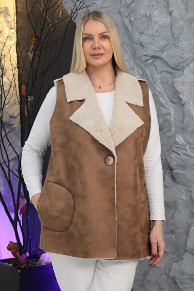 Butik Ayseba Women's Nubuck Fur Collar Buttoned Vest