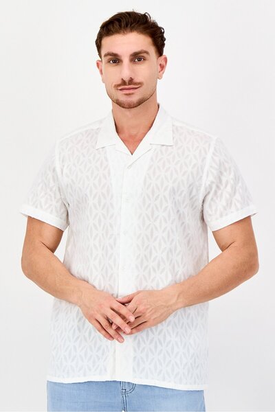 Threadbare Men Regular Fit Textured Short Sleeve Casual Shirt, White