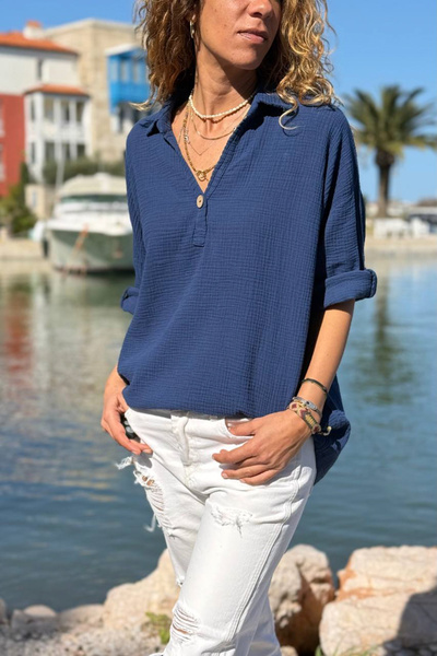 Güneşkızı Navy Blue Half-Pleated Ornament Buttoned Cotton Loose Woven Blouse ...