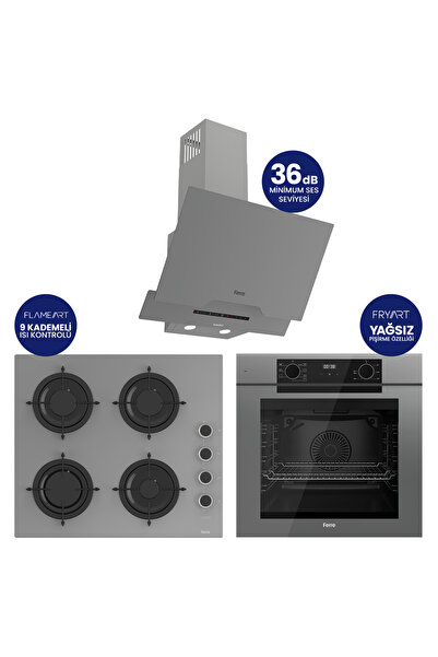 Ferre Fryart Gri Cam Ankastre Set | 9 Kademe Ocak | 7 Fonksiyon Fırın | 36 dB...