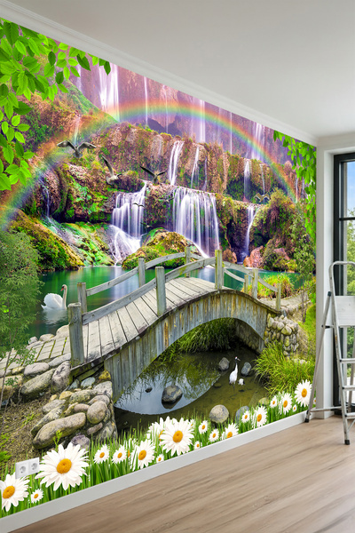 MİRAZAWALL Gökkuşağı Şelale ve Ahşap Köprü Manzaralı Tek Parça Tekstil Duvar ...