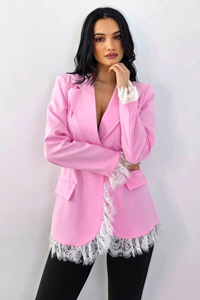 FashionForYou Long, elegant jacket KISHA Pastel, with lace trims, Pink, Size S/M