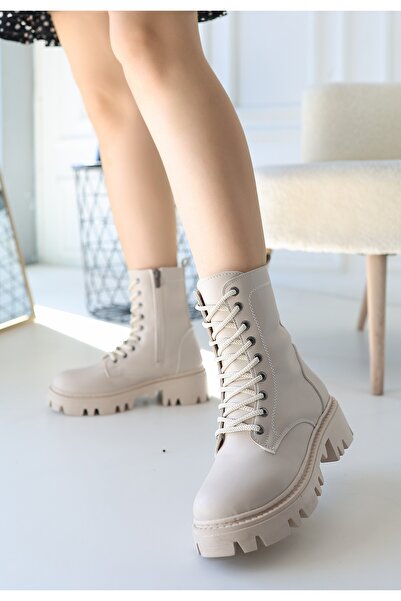 WE&ME Flona Beige Leather Laced Boots