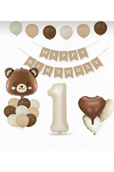 Çemrek Süs Parti مجموعة بالونات كرافت هابي بيرثديين على شكل دب بني ورقم وقلب،...