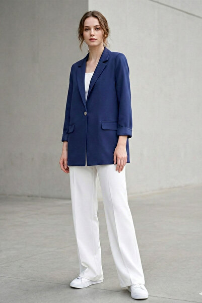 FERHEL Women's Single Button Lycra Jacket with Pockets - Navy Blue