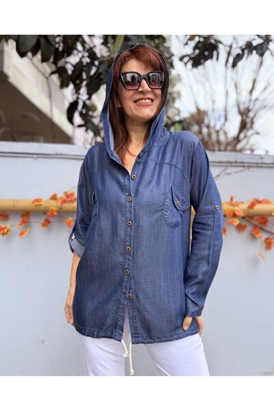 DenizEge Liyosel Hooded Denim Shirt Dark Blue