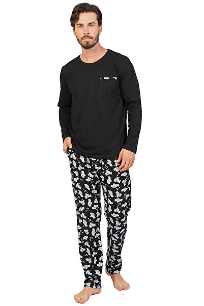 VİENETTA Men's Cotton Pajamas, Black with Printed , Pants and Long Sleeves