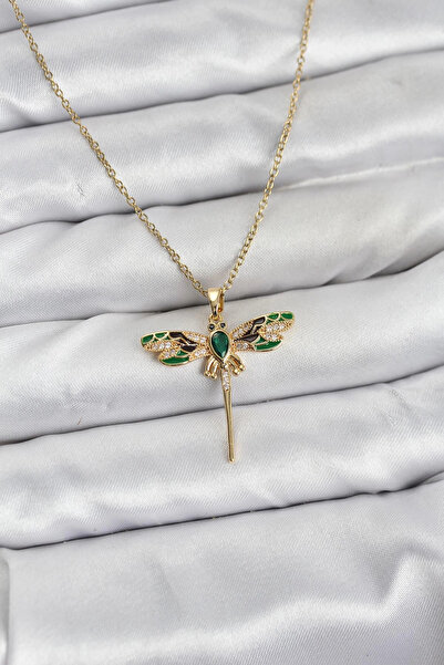 Butik 316L Çelik Zincir Gold Renk Yusufçuk Model Zirkon Taşlı Kadın Kolye