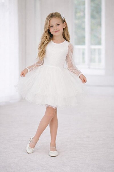 MS KİDS Girl's Evening Dress Red Sequined Glittery Sleeves Tulle