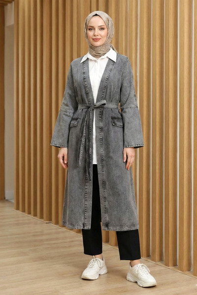 FERHEL Women's Belted Denim Cap with Pockets - Smoked