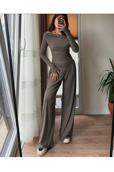 MAESTRO WOMAN Γυναικεία Χακί Ασύμμετρη Μπλούζα με Λαιμόκοψη Βάρκα και Φαρδύ Π...