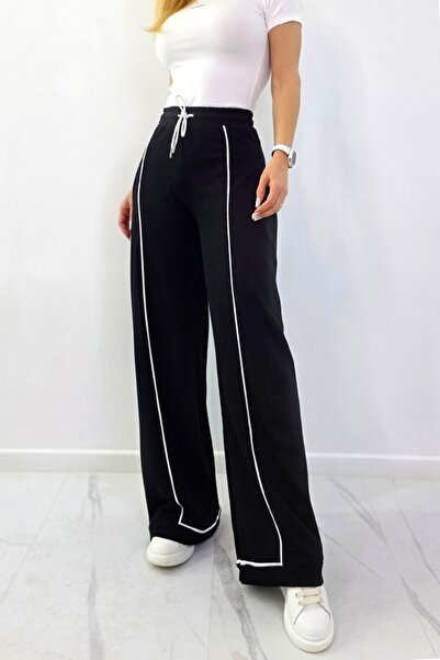 FashionForYou Casual pants MODAL, wide leg cut with pleats and stripes, Black