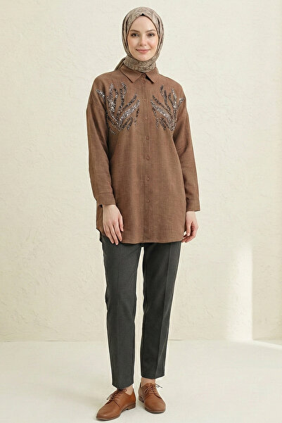 FERHEL Cămașă-tunică din țesătură de in, cu nasturi în față și detalii cu pai...