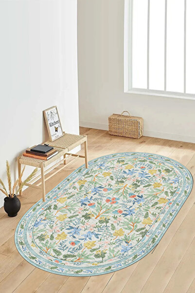 GECE MODA ETNİK DESENLİ DİJİTAL BASKILI MAVİ Kaymaz Taban Yıkanabilir Mutfak ...