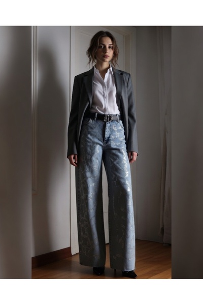 MADAMMERY Stoned Patterned Palazzo Jean Women's Trousers Loose Fit Wide Leg S...