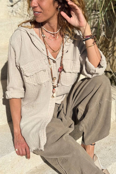 Güneşkızı Бежева сорочка з капюшоном, ґудзиками, кишенями, швами та бавовняно...