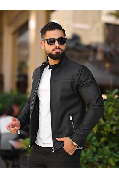 BASEL.CO Basic Leather Jacket with Snap Collar