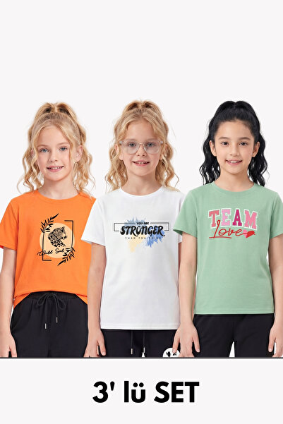 FYK KİDS Pachet de 3 tricouri de bază pentru fete, cu guler rotund și imprime...