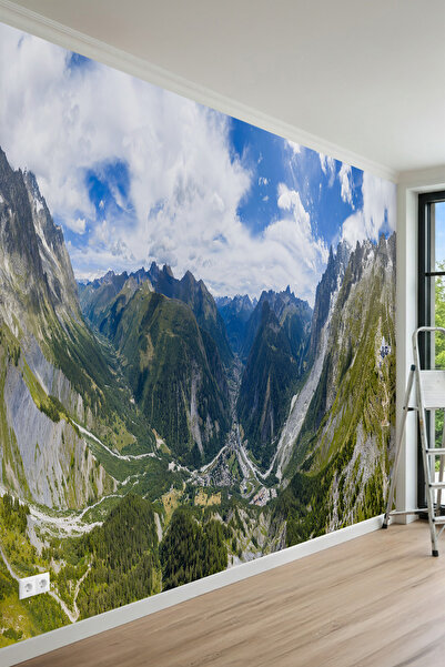 MİRAZAWALL Bulutlu Gökyüzü ve Dağ Manzaralı Tek Parça Tekstil Duvar Kağıdı