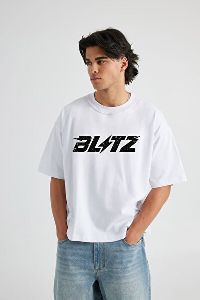 LAVİTTA تي شيرت أبيض فضفاض للجنسين من القطن مطبوع عليه Bltz