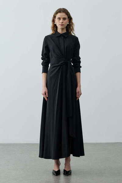 Fahhar Kruvaze Bağlamalı Elbise Siyah