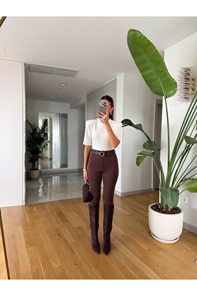 MERVE AKSOY Yüksek Bel Tayt Pantolon - Kahve