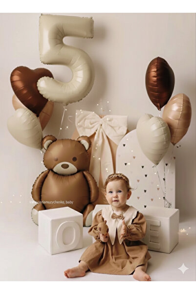Çemrek Süs Parti Beige Cream Number Age Foil Balloon Bear Foil Balloon Coffee...