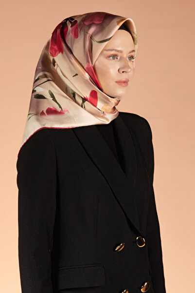 Vissona %100 Twill İpek Çiçek Desenli Bej - Bordo Renkli 90x90 Dikim Şekli : ...