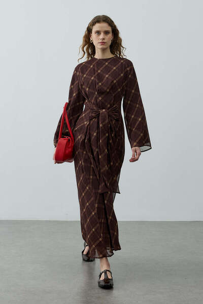 Fahhar Ekose Bağlamalı Elbise Bordo