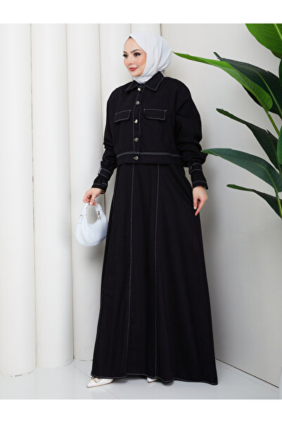 EFSUN MODA CEKET ELBİSE İKİLİ KOT TAKIM TESETTÜR İKİ PARŞA SİYAH