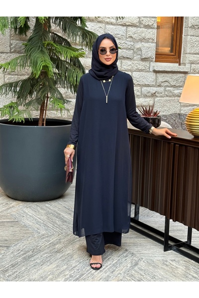 Mürdüm butik Pamuk/Viskon ve Şifon Kumaşlı İkili Takım-Lacivert