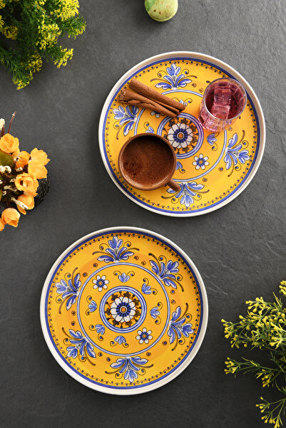 Leila 2-Piece Golden İznik Tray 22 cm Yellow-White