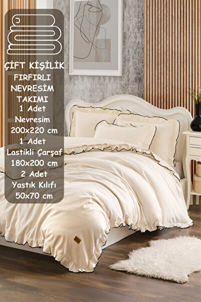 MUEV Bohem Lastikli Çarşaflı Çift Kişilik Fırfırlı Nevresim Takımı Yumuşak Do...