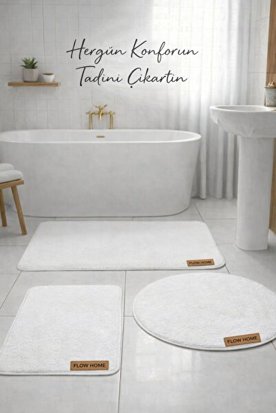 Flow Home 3’lü Peluş Banyo Paspası Kaymaz Tabanlı Yıkanabilir Lüks Yumuşak Kl...