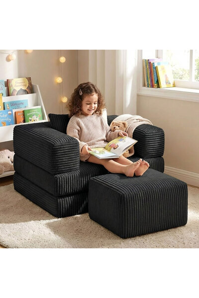 foamly Premium Siyah Fitilli Kadife Modüler Çocuk Koltuğu ve Puf Seti - Bebek...
