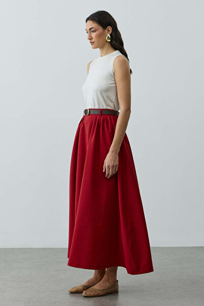 Fahhar Pilili Büzgülü Maxi Etek Kırmızı