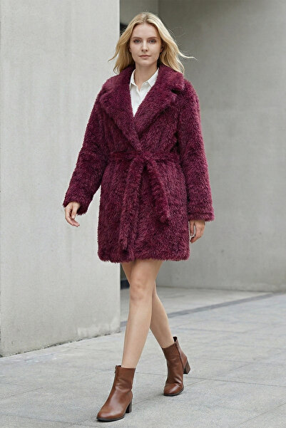 FERHEL Căciulă de pluș cu buzunare și curea în talie - Roșu Claret