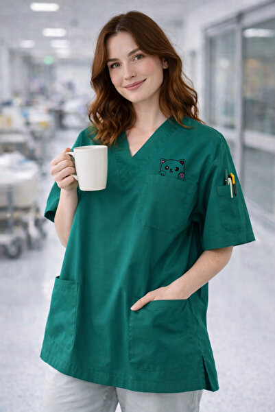 mirach Uniformă clinică de lux cu broderie cu pisică drăguță, cu croială larg...