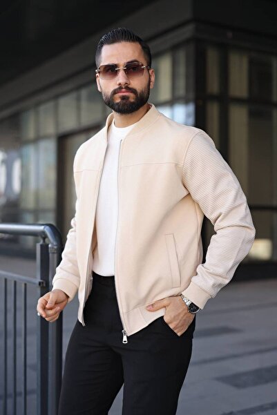 BASEL.CO Bomber Knitwear Textured College Jacket with Sleeve Detail