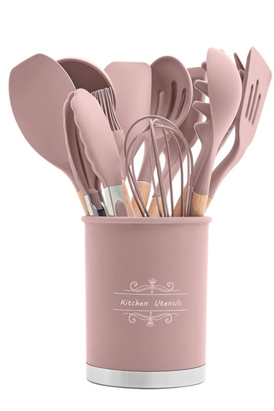 LILY Set of 12 kitchen utensils with pink wooden handles