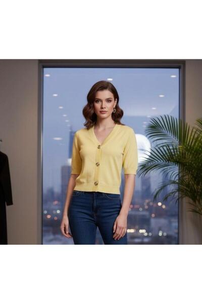Sea Style Women's Yellow Buttoned Knitwear Cardigan V-Neck Short Sleeve