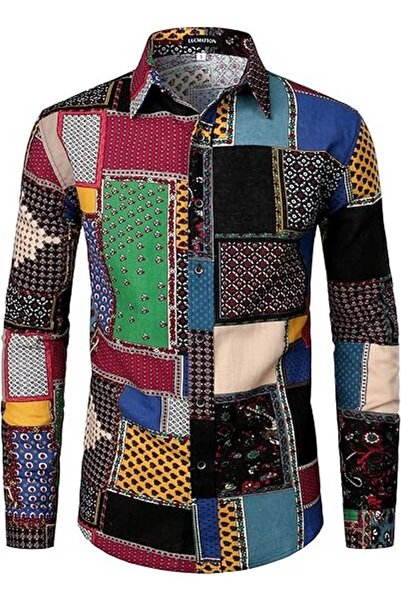 OEM Camasa pentru barbati din in, cu maneca lunga si nasturi, negru-verde, Lu...