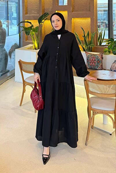 lamelif Front Half Button Detailed Muslin Fabric Hijab Dress Black