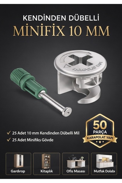 KarapolatYapı 10mm Kendinden Dübelli Minifix Gövde Ve Mil Seti-Mobilya Bağlan...