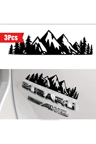 Redline Grafik Dağ Ağaç Motifli 3 Adet Siyah Sticker Açık Hava Tutkunu Doğa S...