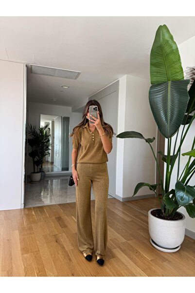 MERVE AKSOY Simli Triko Pantolon - Haki