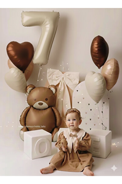 Çemrek Süs Parti Beige Cream Number Age Foil Balloon Bear Foil Balloon Coffee...