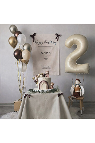 Çemrek Süs Parti Bej Krem Kahve Gümüş Gold Balon Demeti Seti Rakam Folyo Balo...